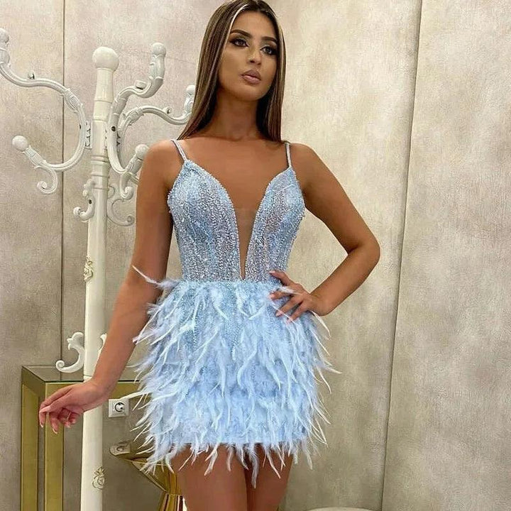 2023 Autumn new arrival fashion sexy feather mini gown sleeveless temperament slim fit halter ladies evening dress-THAT FASHION STORE