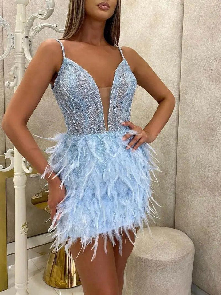 2023 Autumn new arrival fashion sexy feather mini gown sleeveless temperament slim fit halter ladies evening dress-THAT FASHION STORE