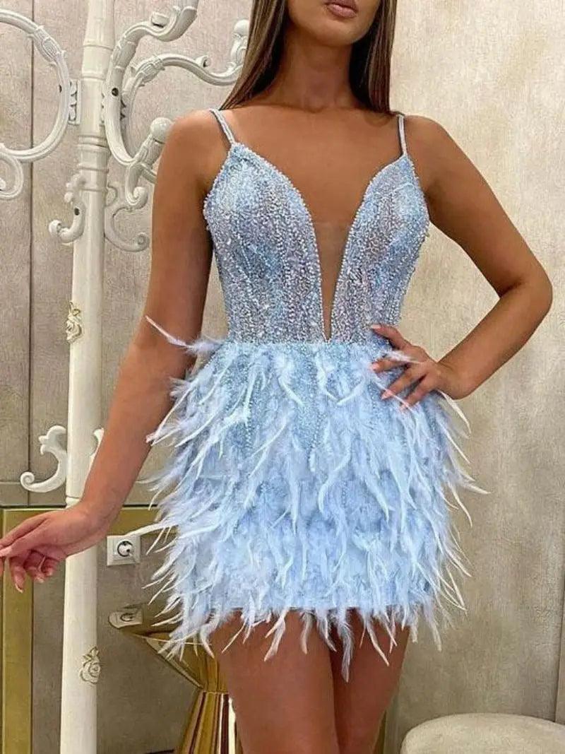 2023 Autumn new arrival fashion sexy feather mini gown sleeveless temperament slim fit halter ladies evening dress-THAT FASHION STORE