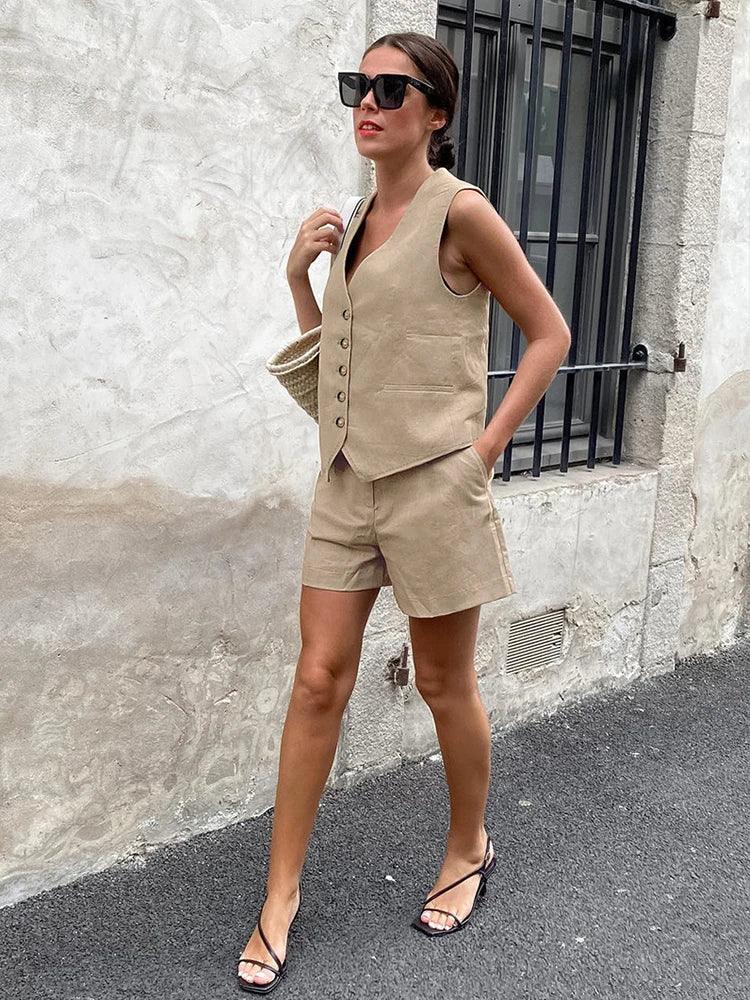 2023 Spring Summer Women Solid Khaki Office Shorts Set Outfits V-neck 2 Two Piece Matching Sets For Women-THAT FASHION STORE