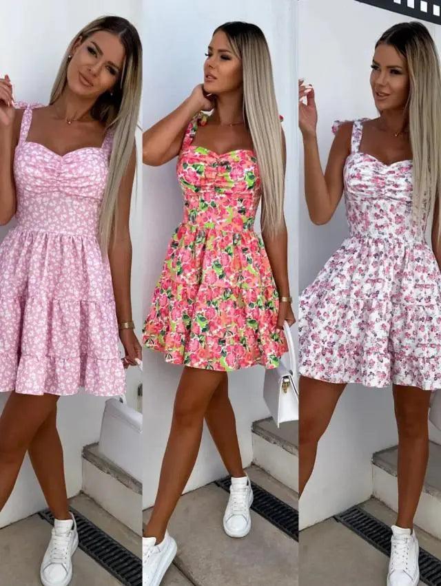 2023 Summer Fashion Short Boho Dress Women Mini Floral Print Dress Female Sleeveless Hanging Belt Printed Waist Folded Dress-THAT FASHION STORE