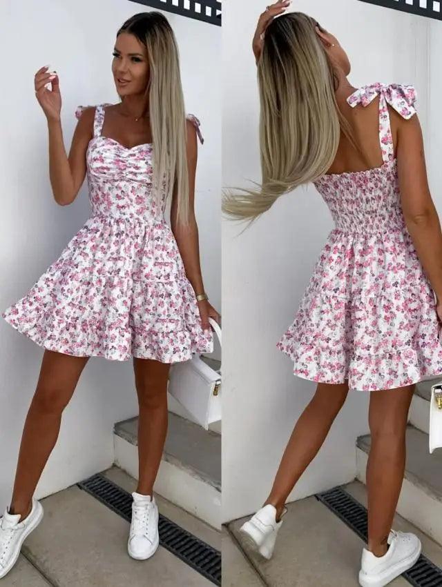 2023 Summer Fashion Short Boho Dress Women Mini Floral Print Dress Female Sleeveless Hanging Belt Printed Waist Folded Dress-THAT FASHION STORE