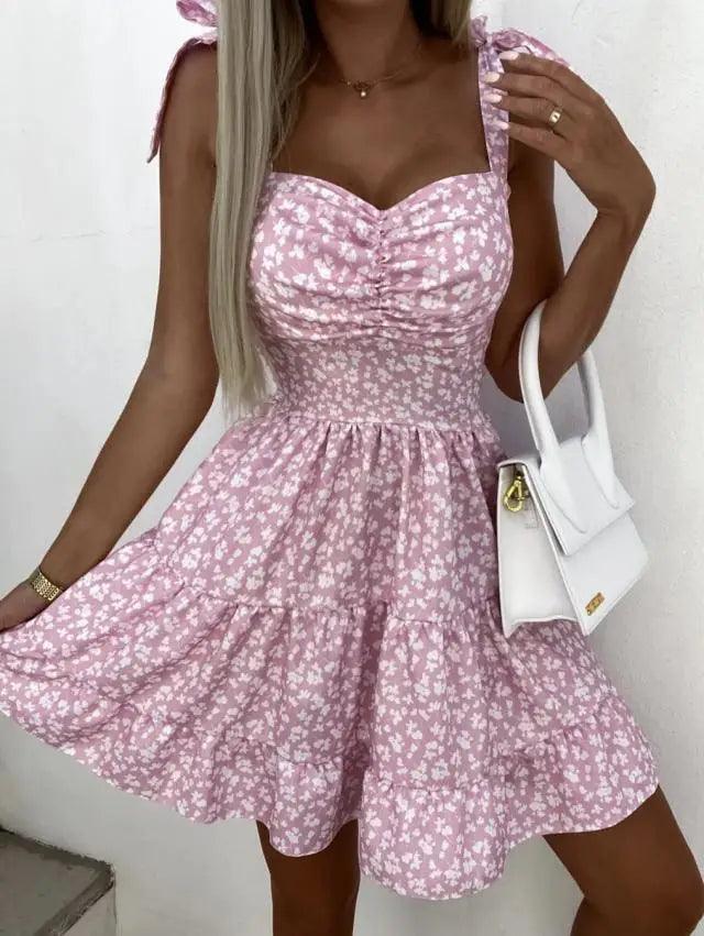 2023 Summer Fashion Short Boho Dress Women Mini Floral Print Dress Female Sleeveless Hanging Belt Printed Waist Folded Dress-THAT FASHION STORE