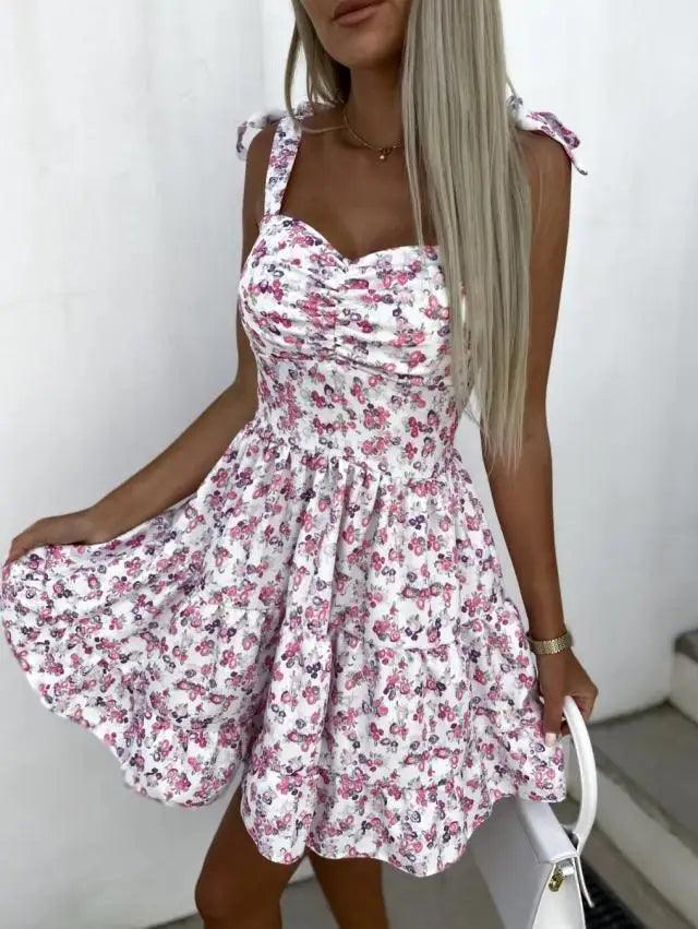 2023 Summer Fashion Short Boho Dress Women Mini Floral Print Dress Female Sleeveless Hanging Belt Printed Waist Folded Dress-THAT FASHION STORE