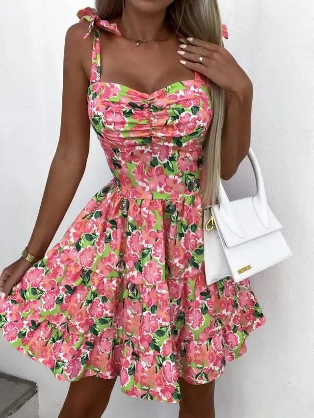 2023 Summer Fashion Short Boho Dress Women Mini Floral Print Dress Female Sleeveless Hanging Belt Printed Waist Folded Dress-THAT FASHION STORE