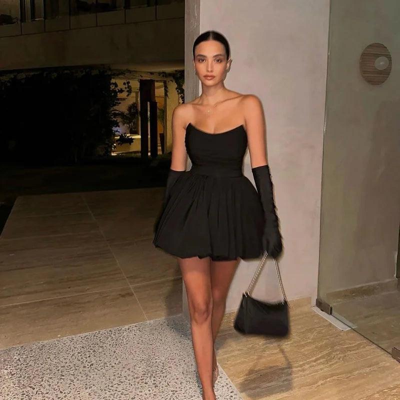 2024 New Sexy Nightclub Birthday Party Dress Sweet Tube Top Short Skirt Hepburn Style Pleated Black DressALine Skirt Women Dress-THAT FASHION STORE