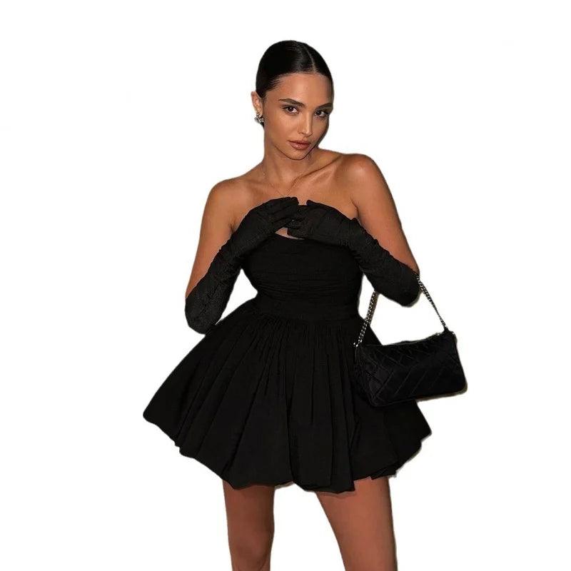 2024 New Sexy Nightclub Birthday Party Dress Sweet Tube Top Short Skirt Hepburn Style Pleated Black DressALine Skirt Women Dress-THAT FASHION STORE