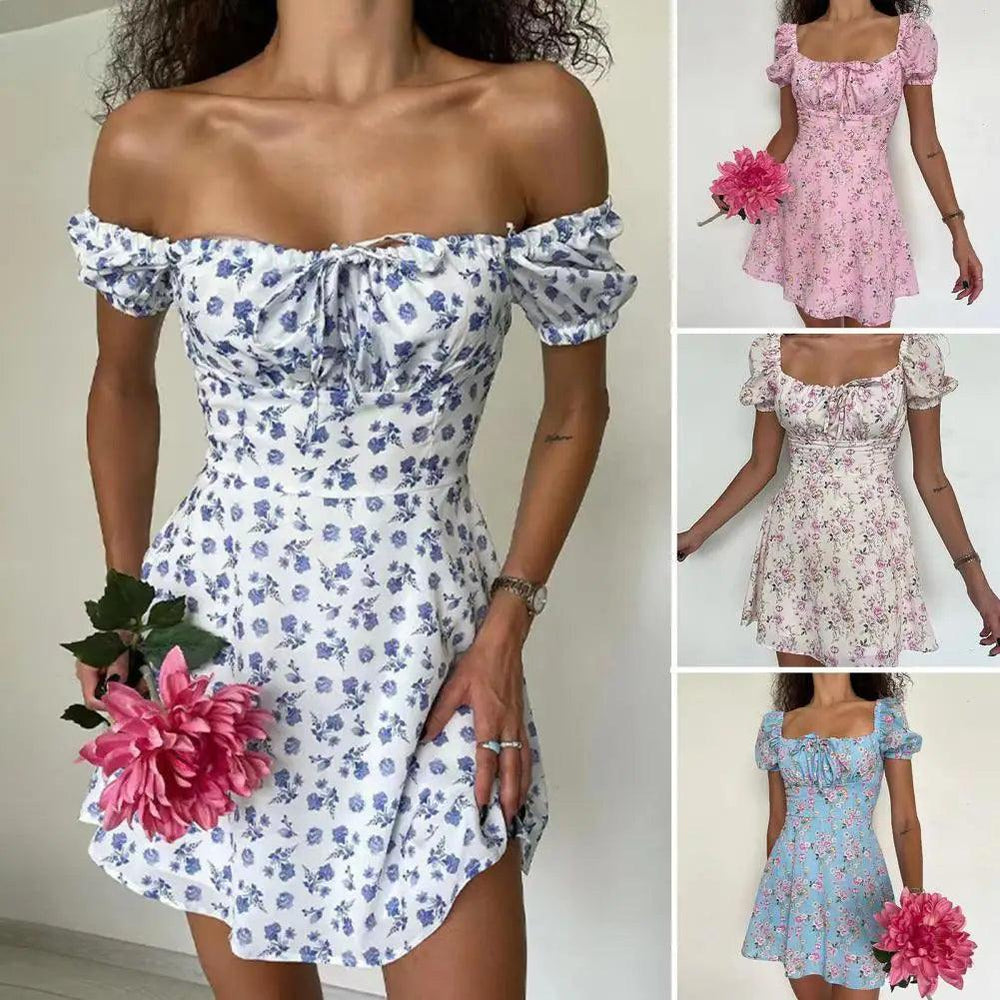 2024 New Summer Casual Off Shoulder Tie Up Floral Print A-Line Dress Sexy Women Short Sleeve Slim Mini Dress for Club Party-THAT FASHION STORE