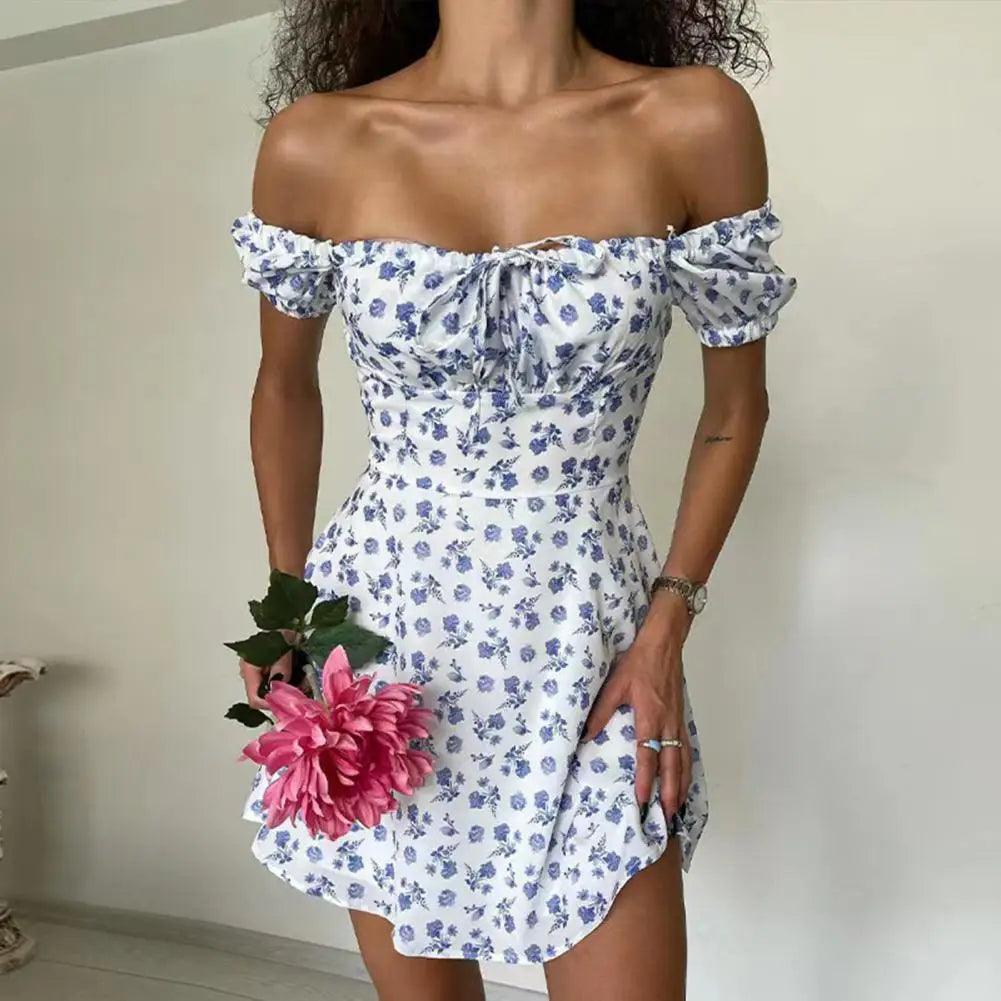 2024 New Summer Casual Off Shoulder Tie Up Floral Print A-Line Dress Sexy Women Short Sleeve Slim Mini Dress for Club Party-THAT FASHION STORE