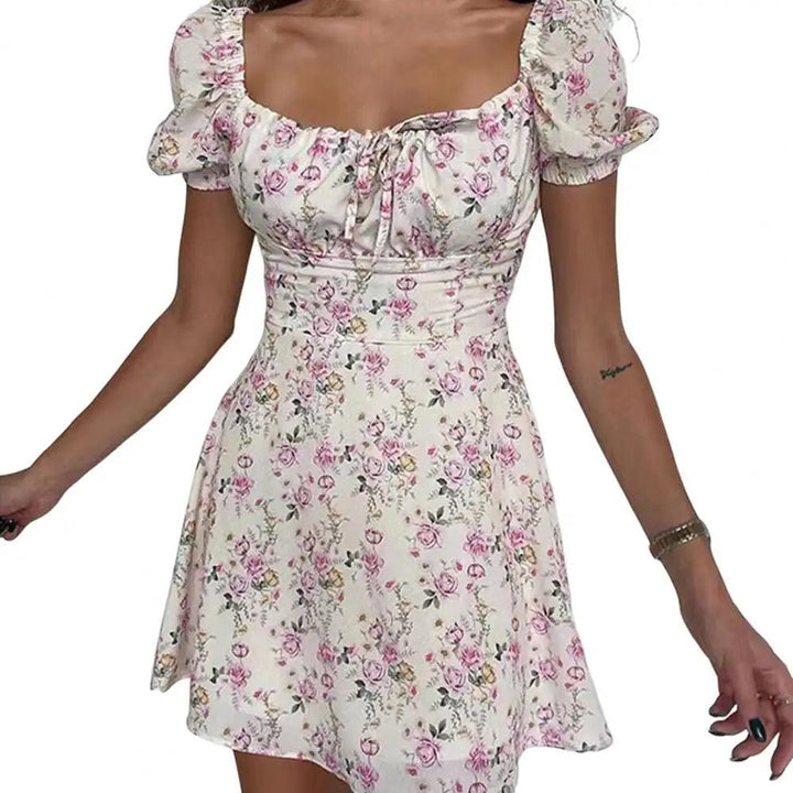 2024 New Summer Casual Off Shoulder Tie Up Floral Print A-Line Dress Sexy Women Short Sleeve Slim Mini Dress for Club Party-THAT FASHION STORE