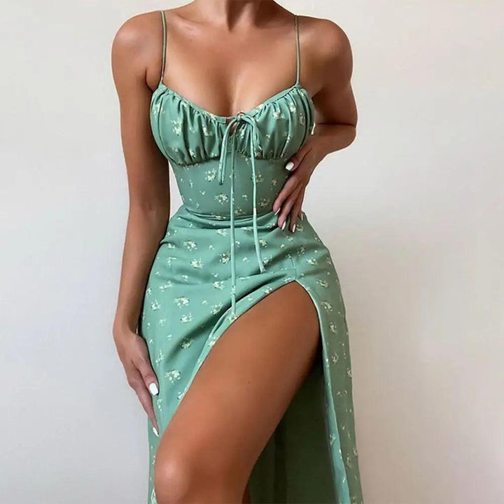 2024 New Summer Women's Sexy Slim Fit Sleeveless High Waist Fashion Floral Fold Lace Up Split Hanging Strap Floral Print Dress-THAT FASHION STORE