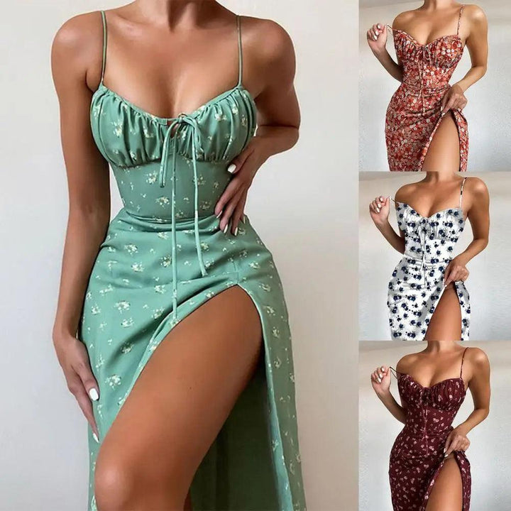 2024 New Summer Women's Sexy Slim Fit Sleeveless High Waist Fashion Floral Fold Lace Up Split Hanging Strap Floral Print Dress-THAT FASHION STORE