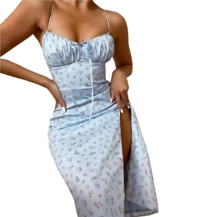 2024 New Summer Women's Sexy Slim Fit Sleeveless High Waist Fashion Floral Fold Lace Up Split Hanging Strap Floral Print Dress-THAT FASHION STORE