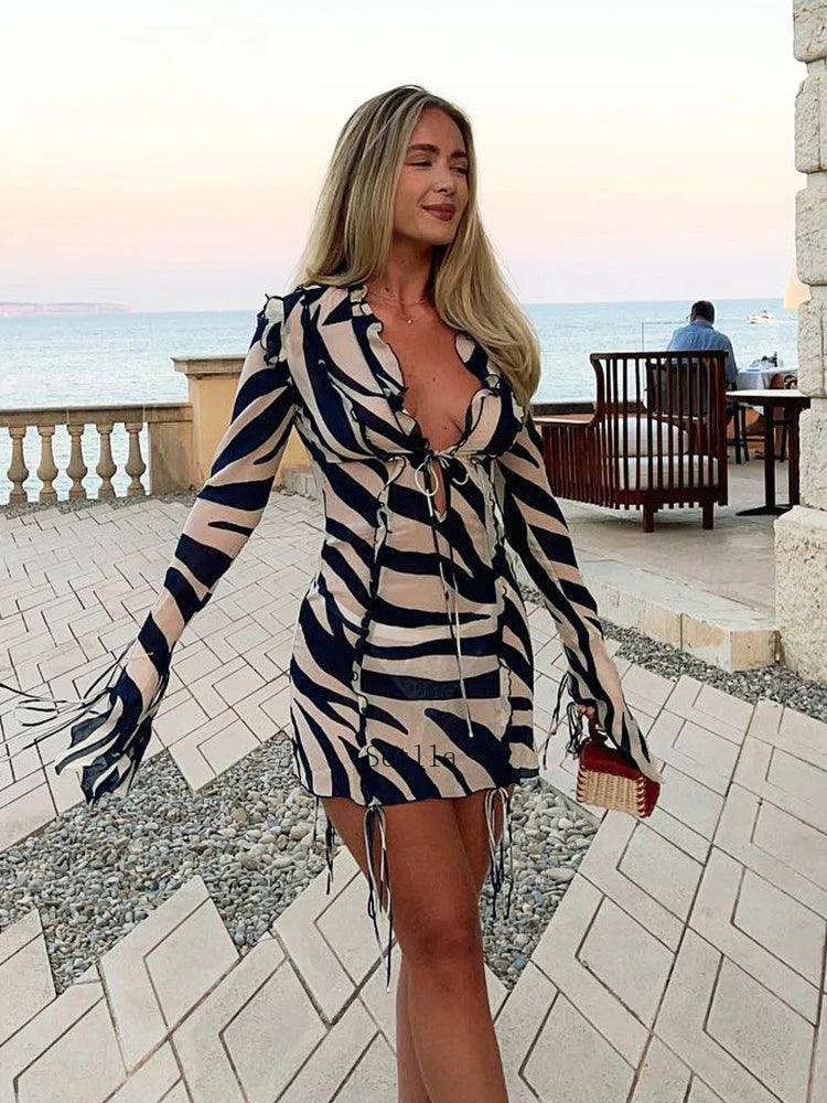 2024 Print Long Sleeve Mini Summer Beach Dress Ruffles Mesh Sexy Party Dresses Bodycon Bandage See Through 90s Club Sexy Dress-THAT FASHION STORE