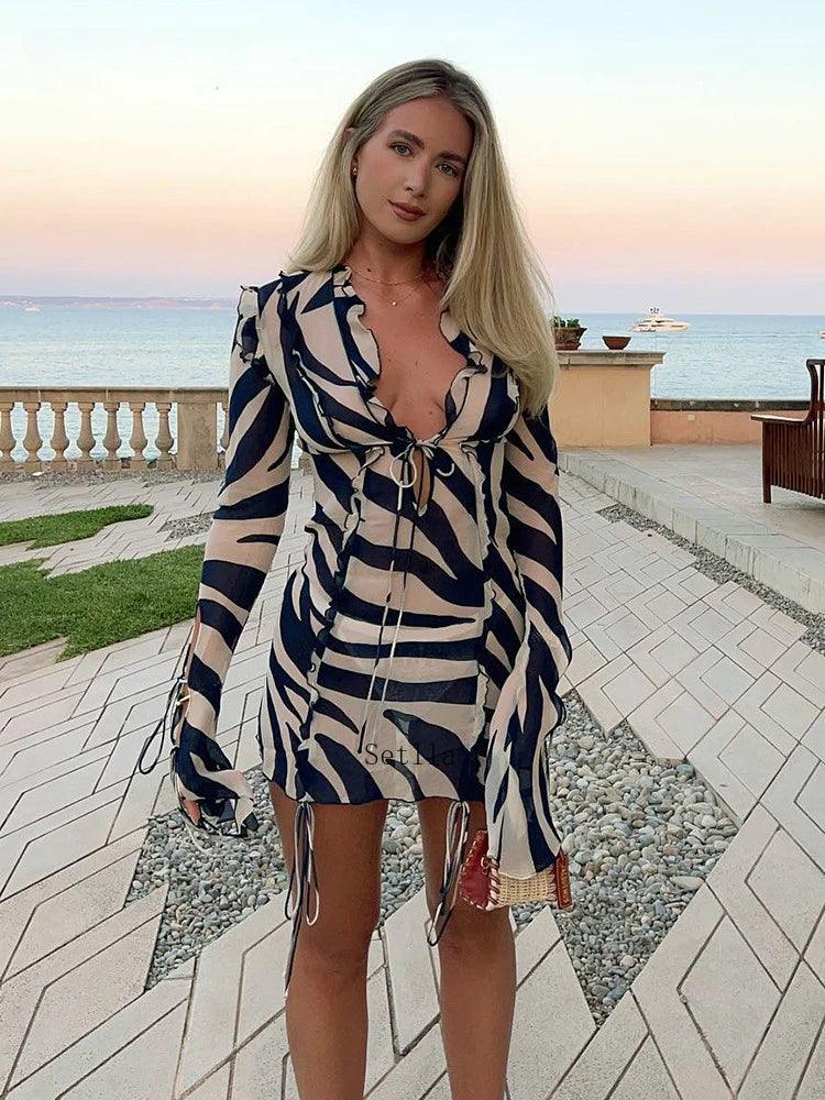 2024 Print Long Sleeve Mini Summer Beach Dress Ruffles Mesh Sexy Party Dresses Bodycon Bandage See Through 90s Club Sexy Dress-THAT FASHION STORE