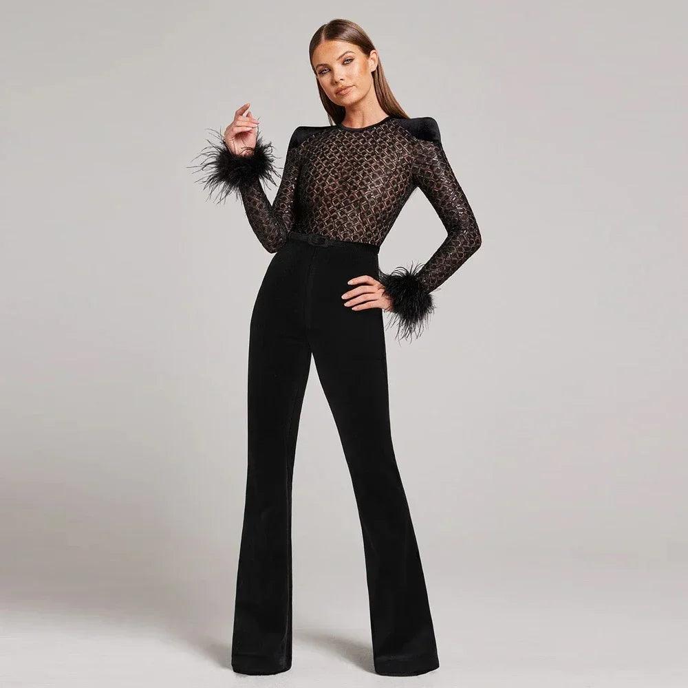 2024 Spring New Fashion Sexy Lace Sequin Feather Bandage jumpsuit Women's Sexy Celebrity Club Party jumpsuit Wholesale-THAT FASHION STORE