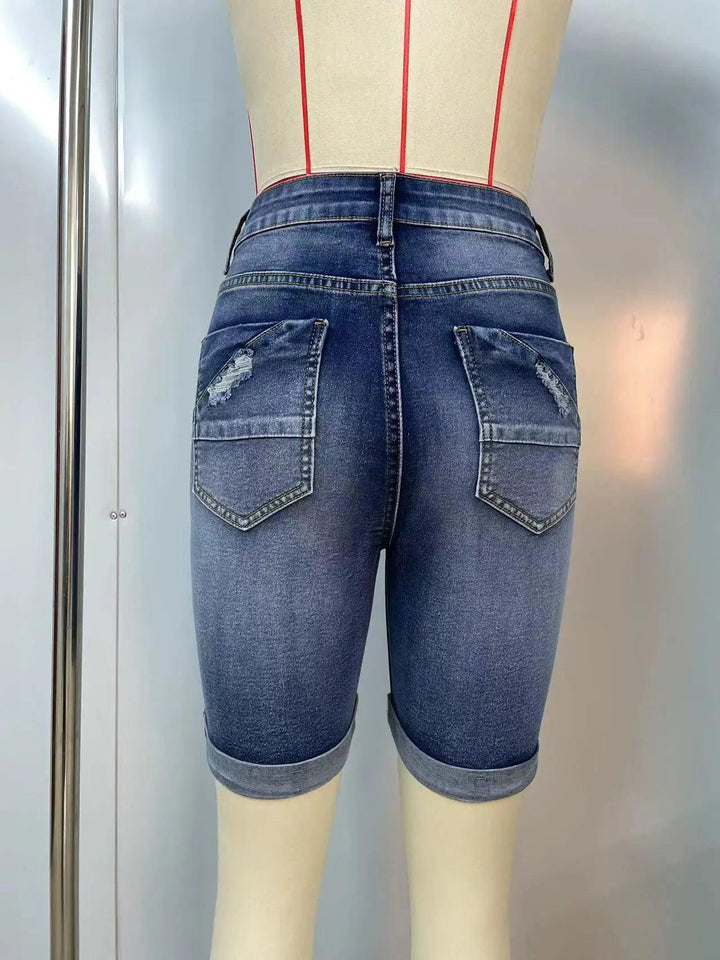 2024 Summer New High Waist Ripped Denim Shorts For Women Fashion Stretch Skinny Knee Length Jeans Shorts Casual Female Clothing-THAT FASHION STORE