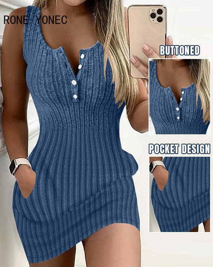 2024 Women Solid Tank Sleeveless Bodycon Button Decoration Mini Casual Knitting Dresses-THAT FASHION STORE