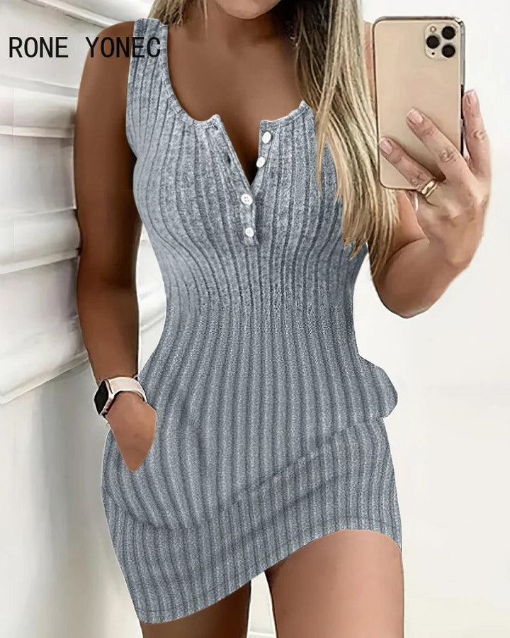 2024 Women Solid Tank Sleeveless Bodycon Button Decoration Mini Casual Knitting Dresses-THAT FASHION STORE