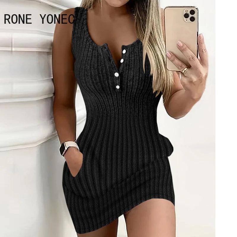 2024 Women Solid Tank Sleeveless Bodycon Button Decoration Mini Casual Knitting Dresses-THAT FASHION STORE