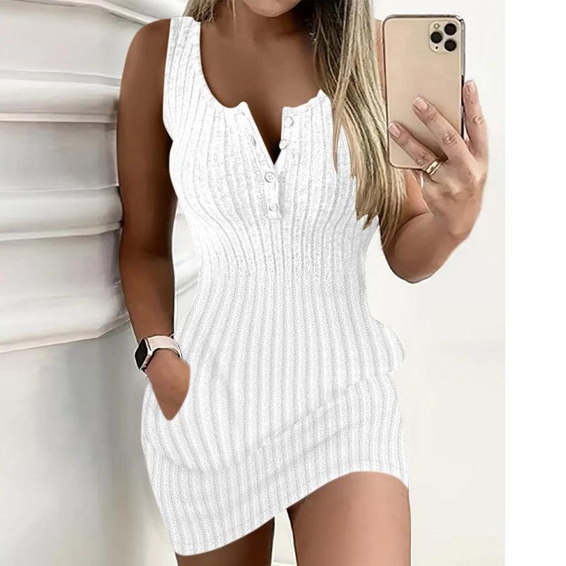 2024 Women Solid Tank Sleeveless Bodycon Button Decoration Mini Casual Knitting Dresses-THAT FASHION STORE