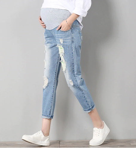 Summer Stylish Maternity Distressed Denim 7/8 Pants - Loose Fit Stretch Jeans - THAT FASHION STORE