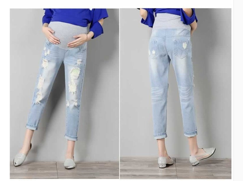 Summer Stylish Maternity Distressed Denim 7/8 Pants - Loose Fit Stretch Jeans - THAT FASHION STORE