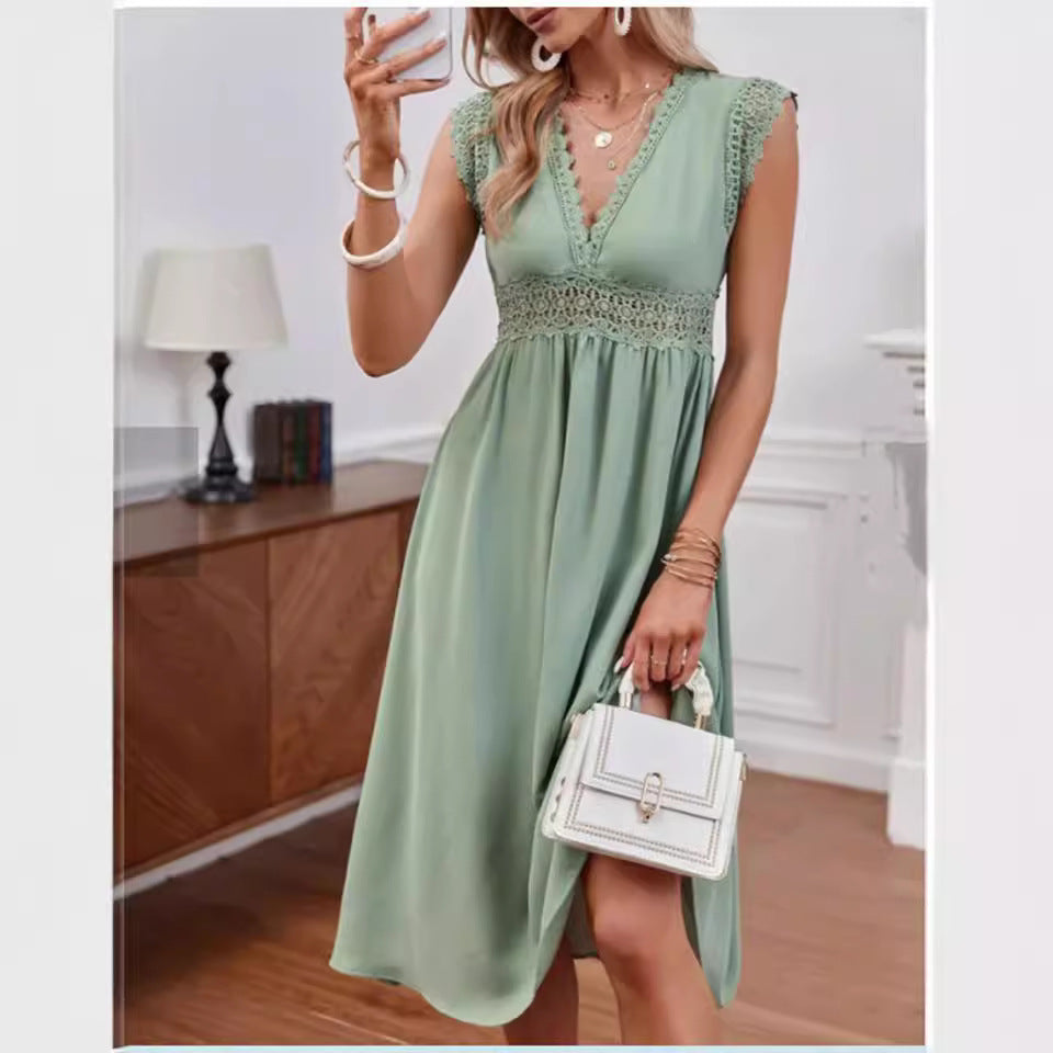 Elegant Women's Lace V-neck Hollow-out Solid Color Dress - THAT FASHION STORE