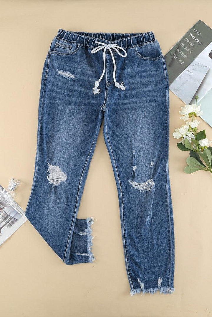 Casual Women's Elasticated Lace-up Slim-fit Jeans Trousers-THAT FASHION STORE