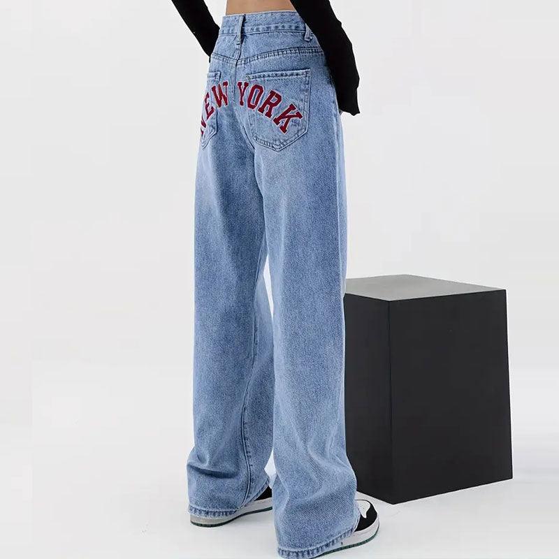 Women's Letter High Waist Straight Jeans-THAT FASHION STORE