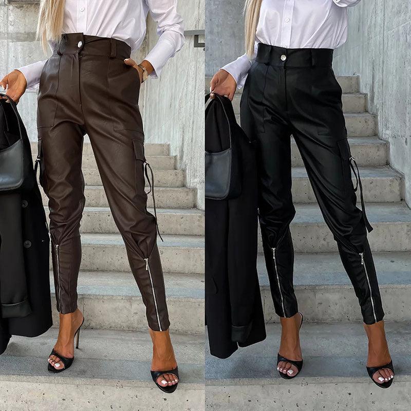 23 Years Fall Winter Fashion Slim PU Leather Waist Skinny Trousers With Pockets-THAT FASHION STORE