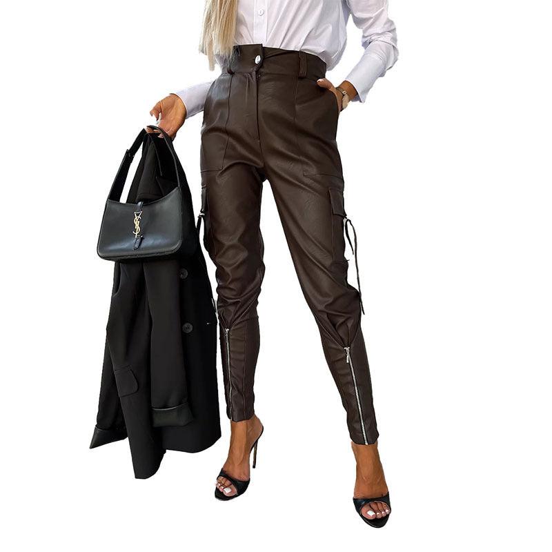 23 Years Fall Winter Fashion Slim PU Leather Waist Skinny Trousers With Pockets-THAT FASHION STORE