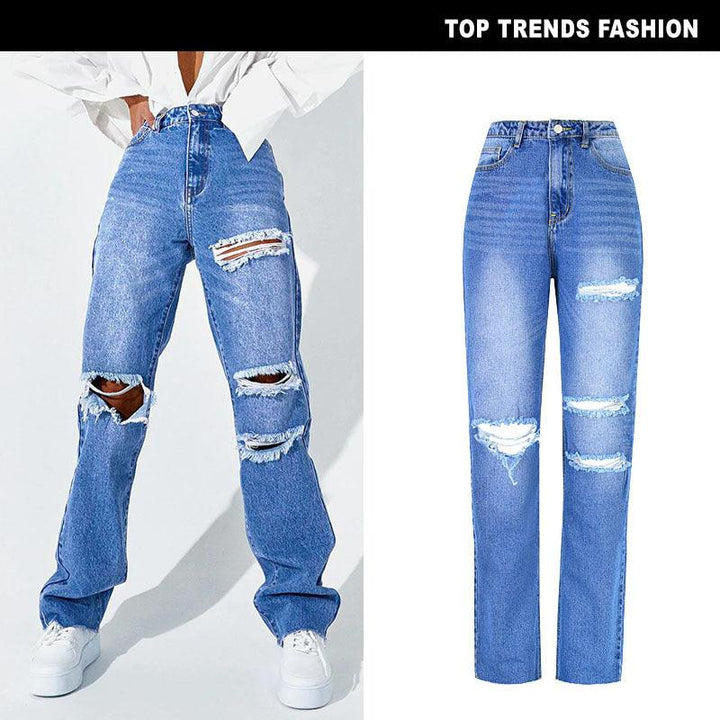 Women's High Waist Straight Ripped Jeans-THAT FASHION STORE