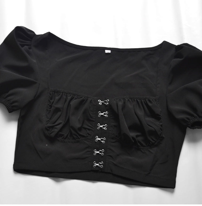 Puff Sleeve Collar Buttoned Crop Top-THAT FASHION STORE