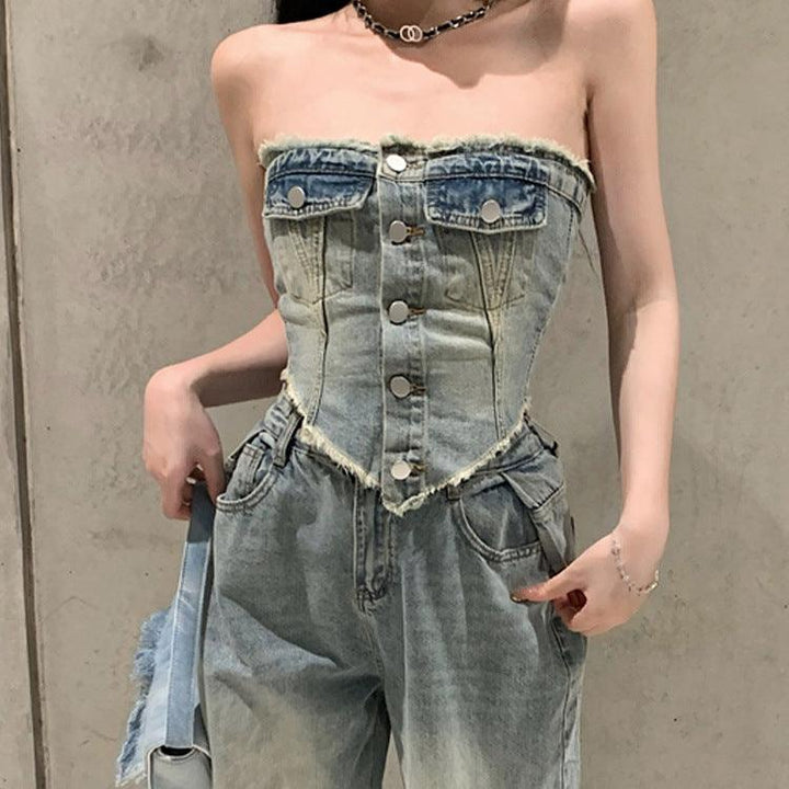 Hot Girl Slim Tube Top Ripped Jeans-THAT FASHION STORE