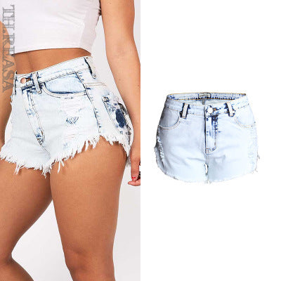 Ripped jeans women's high waist light color white worn off washed wool denim shorts-THAT FASHION STORE