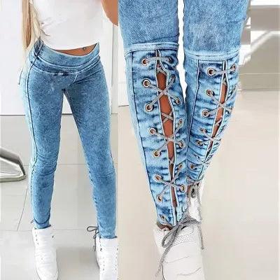 Women's High Waist Lace-up Stretch Skinny Jeans-THAT FASHION STORE