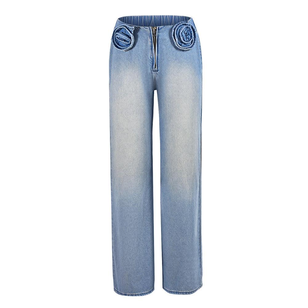 Women's Autumn Loose Zip Three-dimensional Decoration Jeans-THAT FASHION STORE