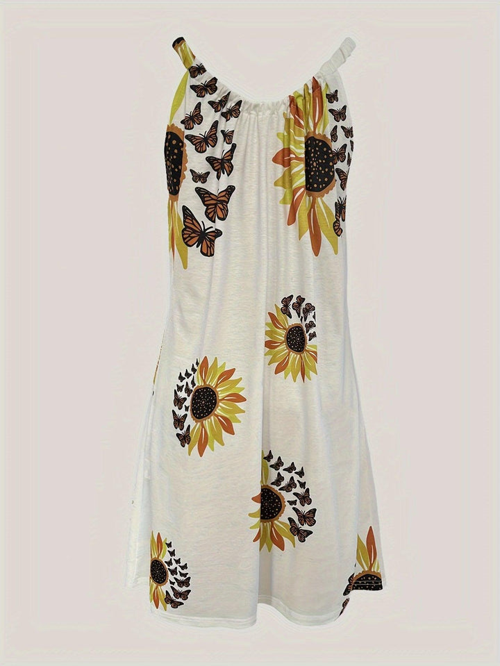 Sunflower Print Cami Dress, Vacation Sleeveless Loose Dress, Women's Clothing-THAT FASHION STORE