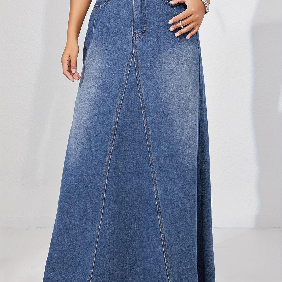 Women's Casual Style Plain Denim Maxi Skirt, Non-Stretch A-Line Jean Long Skirt With Frayed Hem for autumn-THAT FASHION STORE