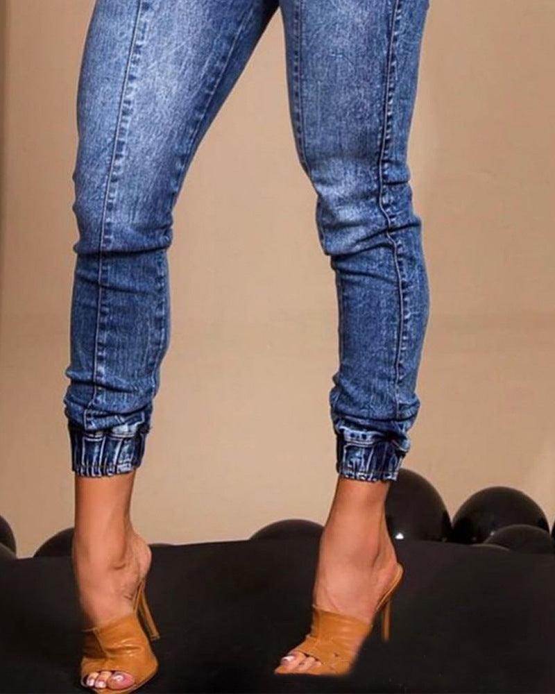 Women's Elastic Waist Lace Up Slim Fit Jeans-THAT FASHION STORE