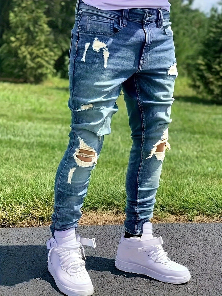 Men's Casual Ripped Skinny Jeans, Chic Street Style Medium Stretch Jeans-THAT FASHION STORE