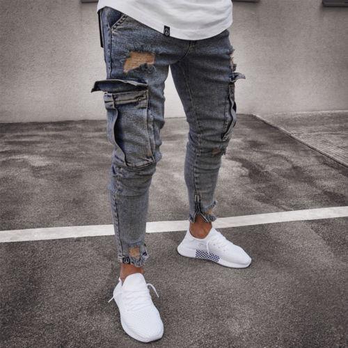 Light Blue Cargo Denim Tapered Jeans for Men - THAT FASHION STORE