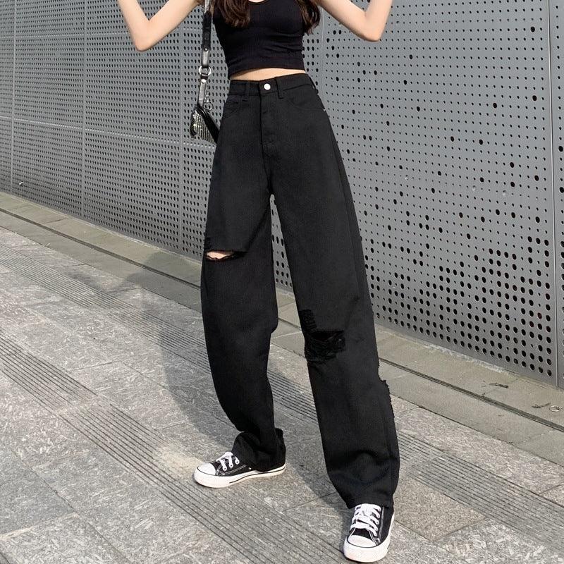 Women's Black Wide Leg Ripped Summer Jeans-THAT FASHION STORE