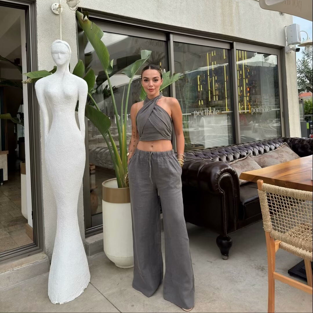 Hanging Collar Linen Top Wide Leg Pants Suit - THAT FASHION STORE