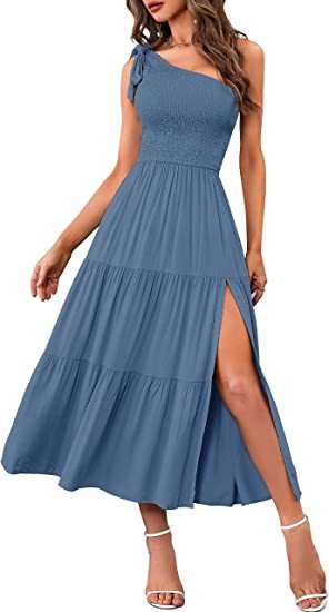 Chic Asymmetrical One-Shoulder Maxi Dress with Pleated Layered Hem and Side Slits - THAT FASHION STORE