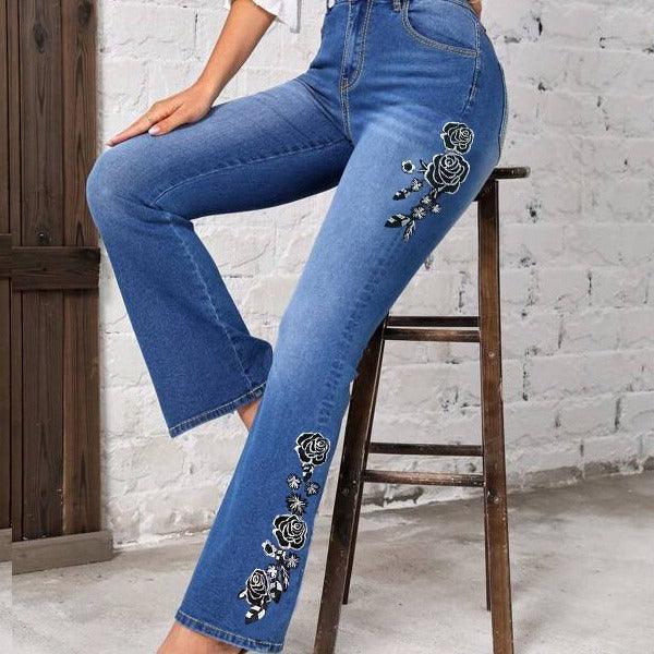 Women's Fashionable Stretch Floral Embroidered Flared Jeans-THAT FASHION STORE