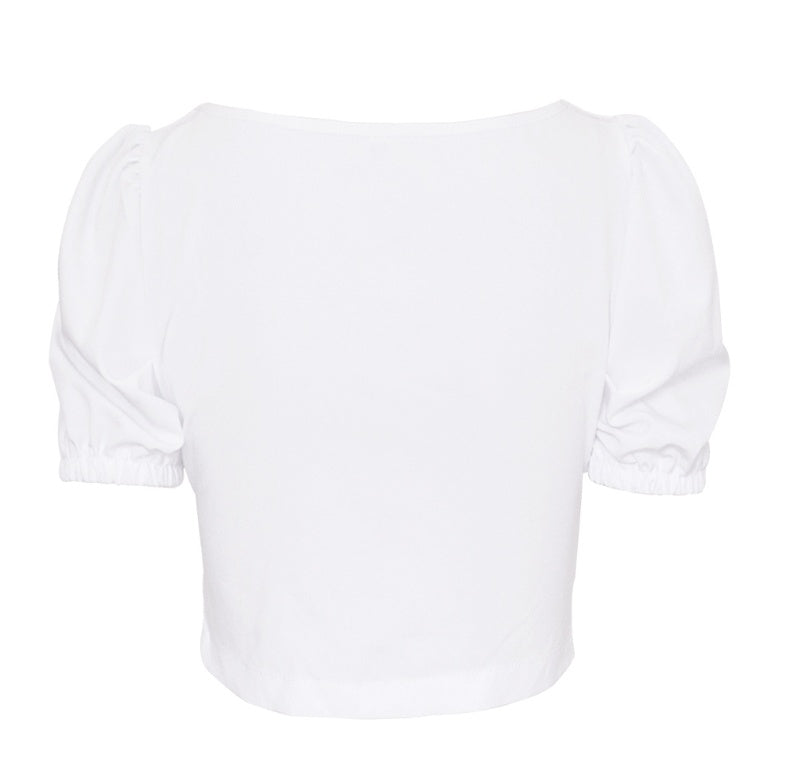 Puff Sleeve Collar Buttoned Crop Top-THAT FASHION STORE