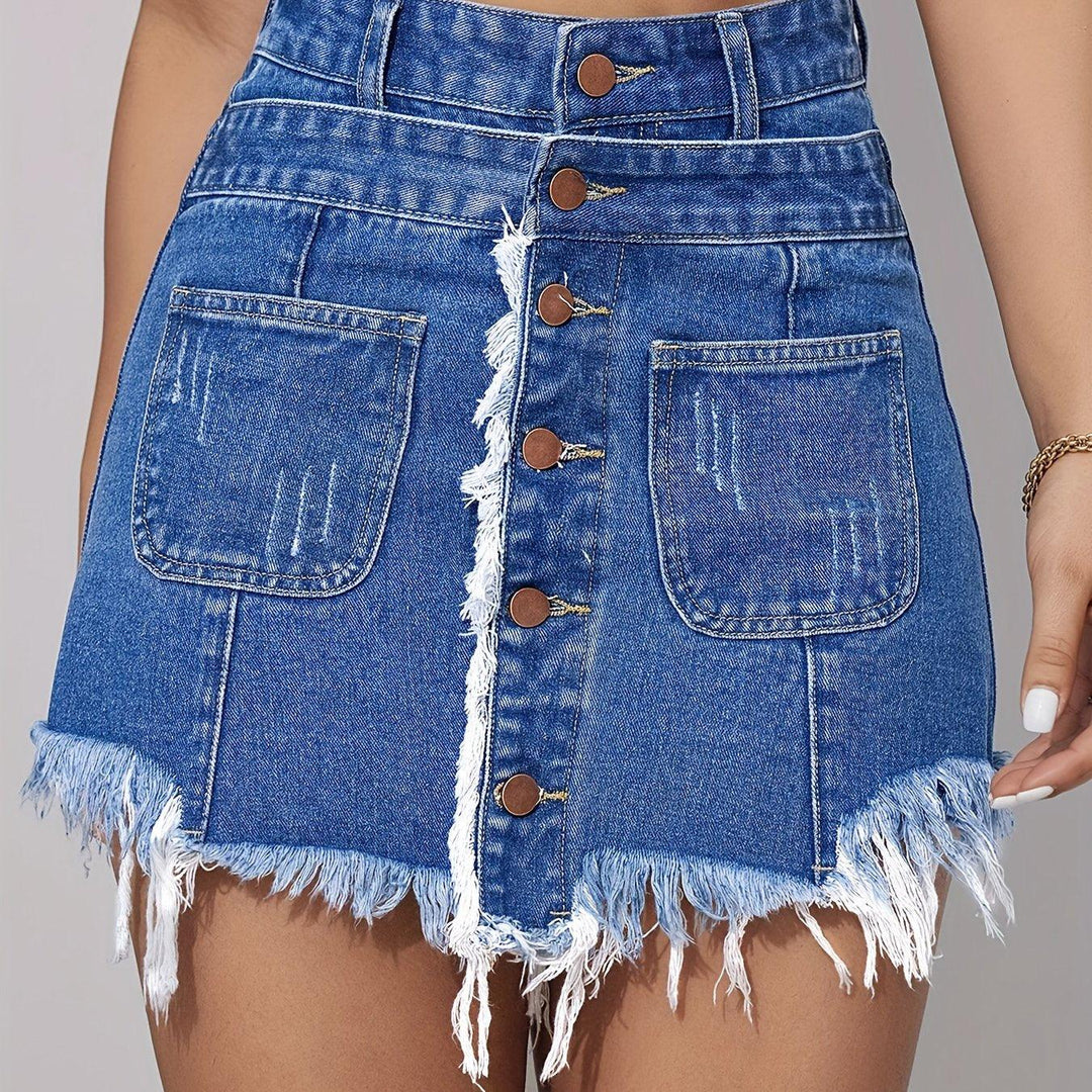 Women's High-Waisted Denim Shorts Skirted Shorts, Distressed Fringe Raw Hem Skorts, Elastic Waist, Loose Fit, Slimming, Preppy Style, Casual Summer Fashion-THAT FASHION STORE