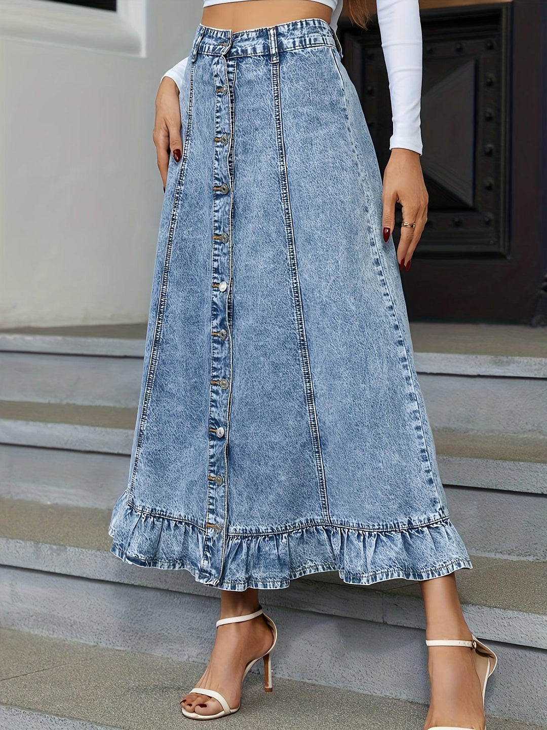 Blue Ruffle Hem Denim Midi Skirt, Single Breasted Button Washed Elegant Denim Skirt, Women's Denim Clothing-THAT FASHION STORE